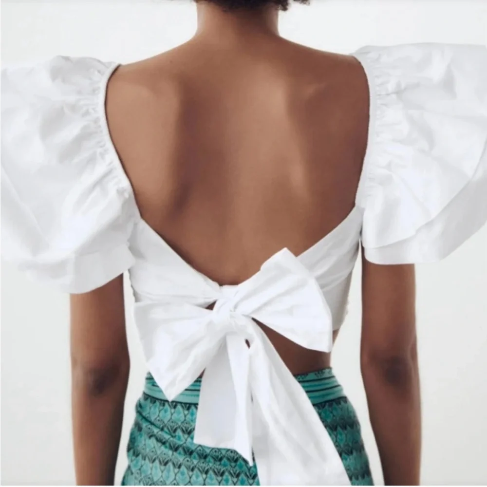 Zara Smocked Ruffle Sleeve Crop Top with Tie Back. Size Medium